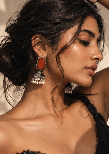Monalisa Stone, Silver replica Jhumka Earrings