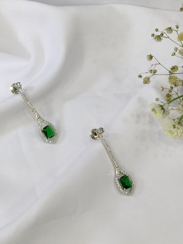 Rhodium-Plated Green American Diamond Studded Geometric Drop Earrings