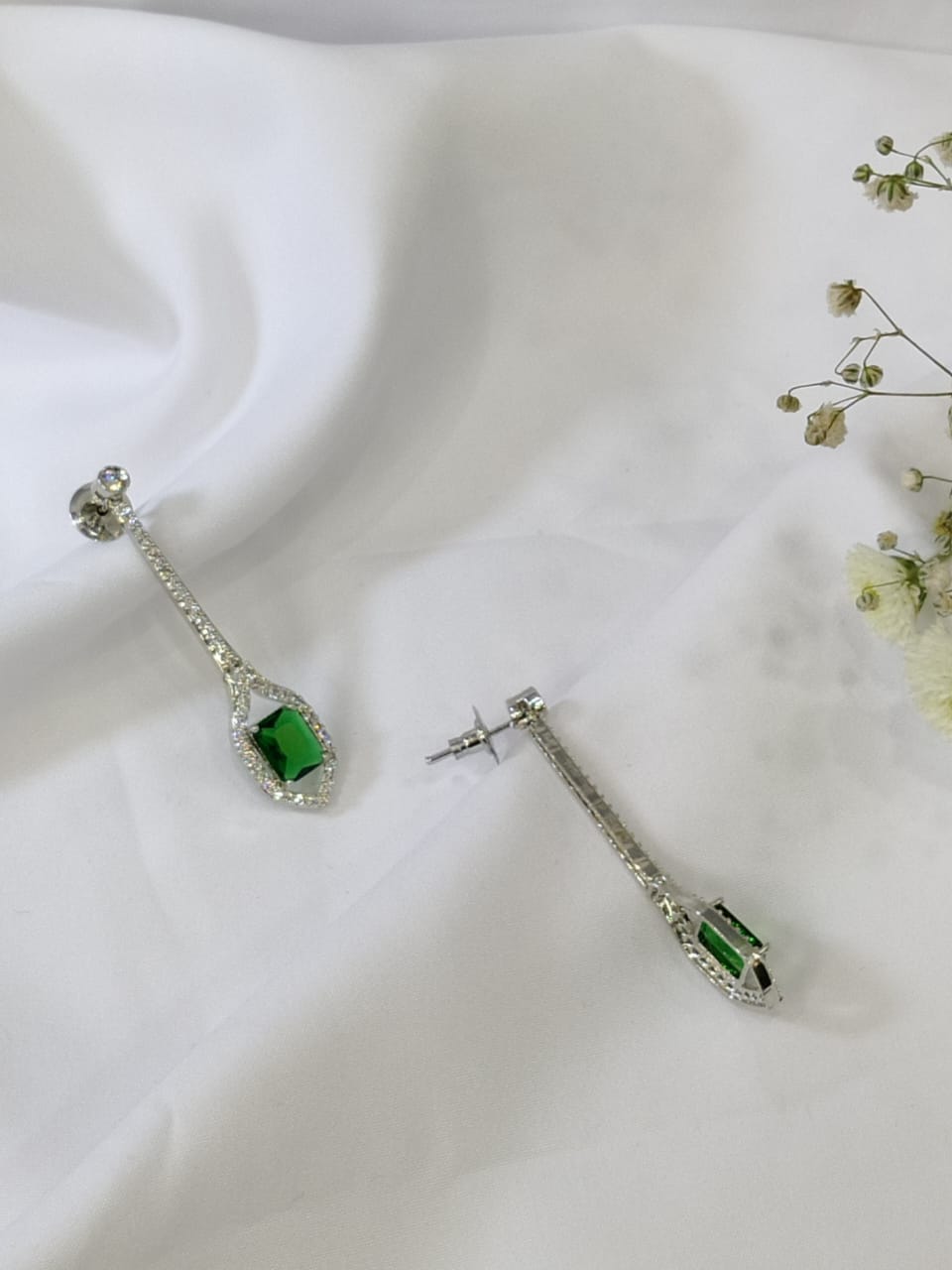 Rhodium-Plated Green American Diamond Studded Geometric Drop Earrings