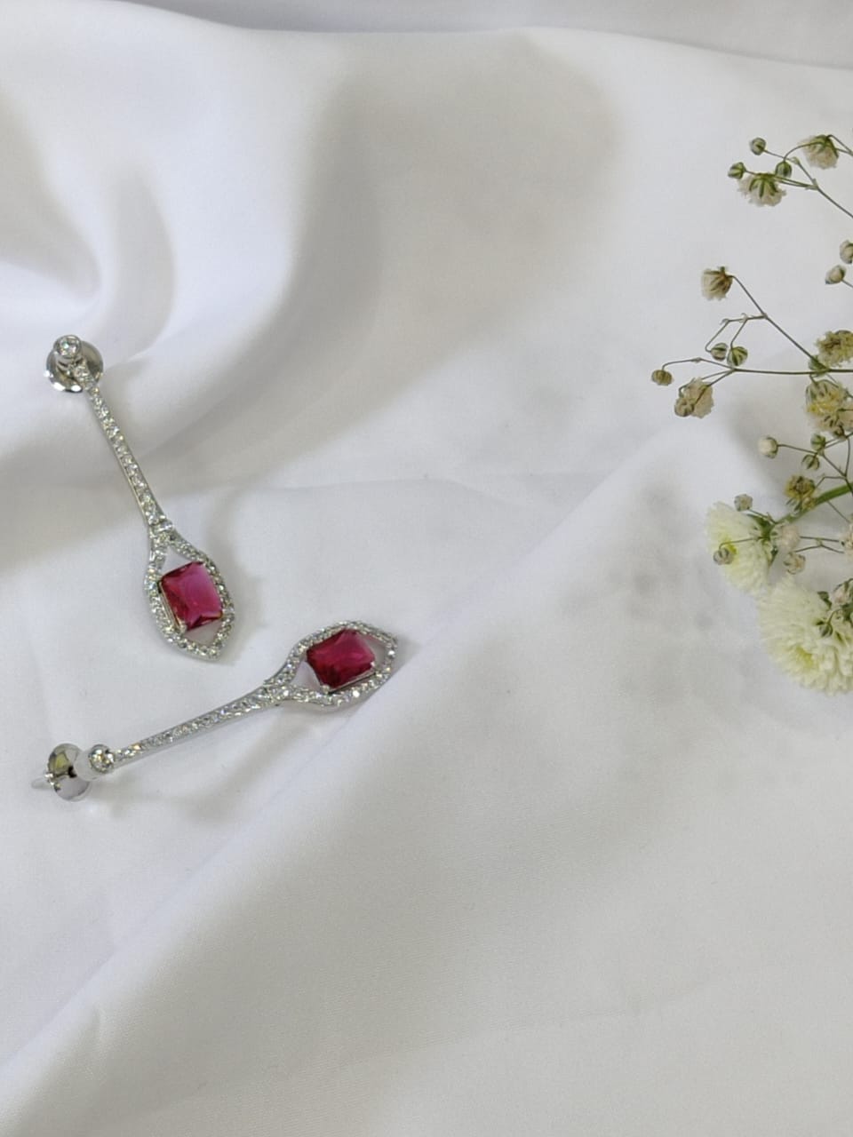 Rhodium Plated Crystal Ruby & Cubic Zirconia Studded Teardrop Drop Earrings