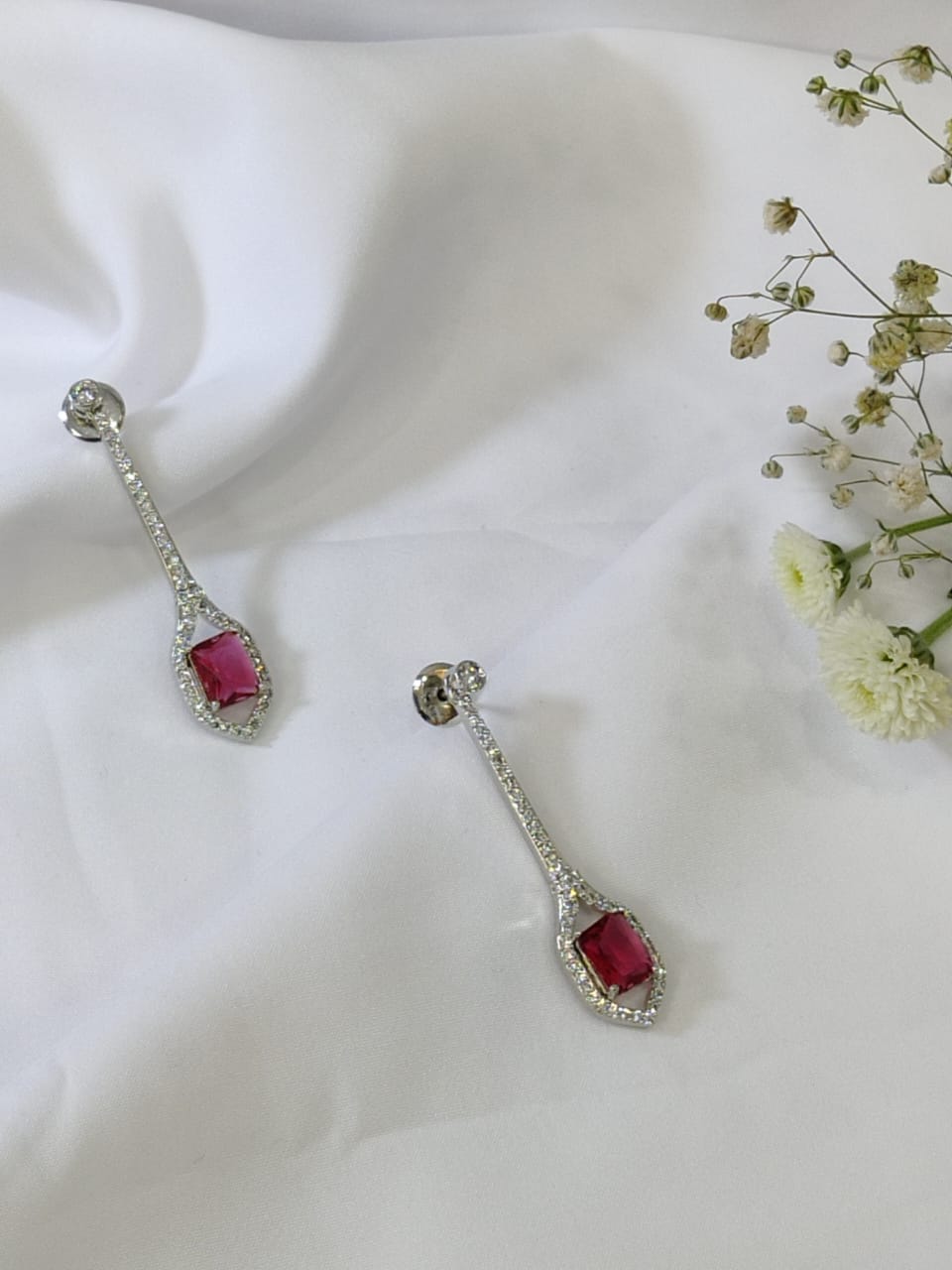 Rhodium Plated Crystal Ruby & Cubic Zirconia Studded Teardrop Drop Earrings