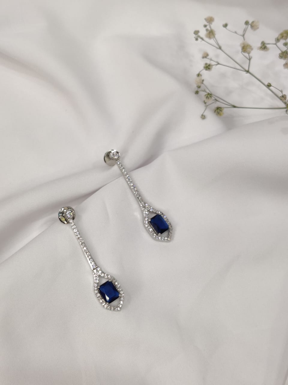 Rhodium Plated Crystal Ultramarine & Cubic Zirconia Studded Teardrop Drop Earrings