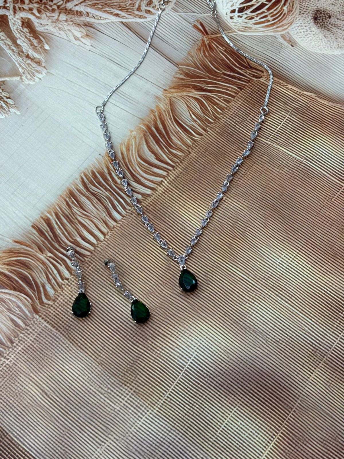 Rhodium Plated Emerald & CZ Studded Premium Necklace Set- Green