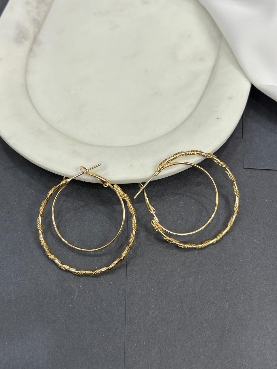 Gold-Plated Large Circular Hoop Earrings with Intricate Detailing