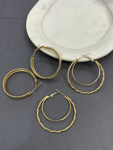 Gold-Plated Large Circular Hoop Earrings with Intricate Detailing Pack of 2