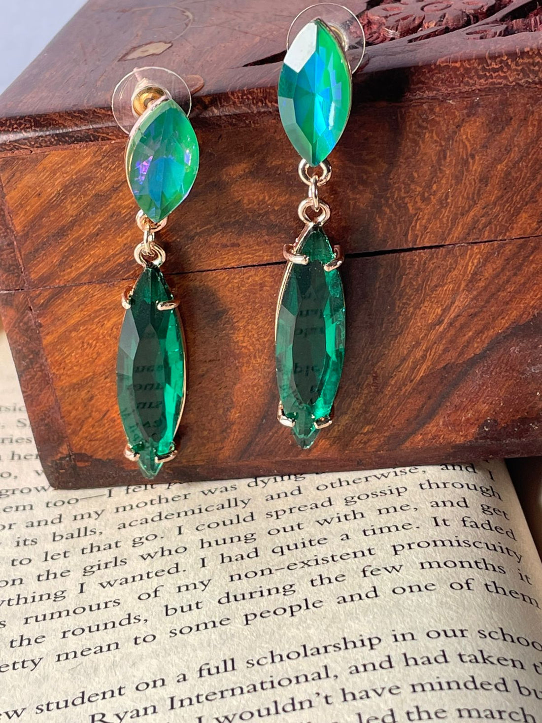 Sterling Long Drop Earrings Green