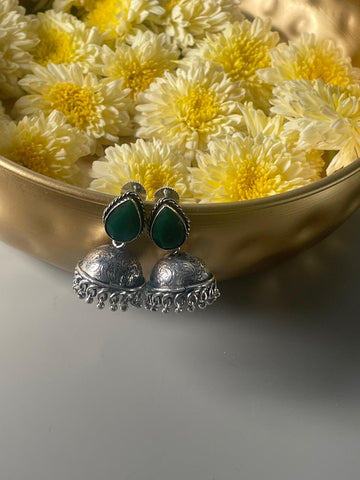 Silver-Plated Stone-Studded & Beaded Jhumkas Green