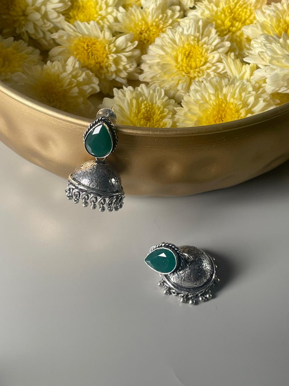 Silver-Plated Stone-Studded & Beaded Jhumkas Green