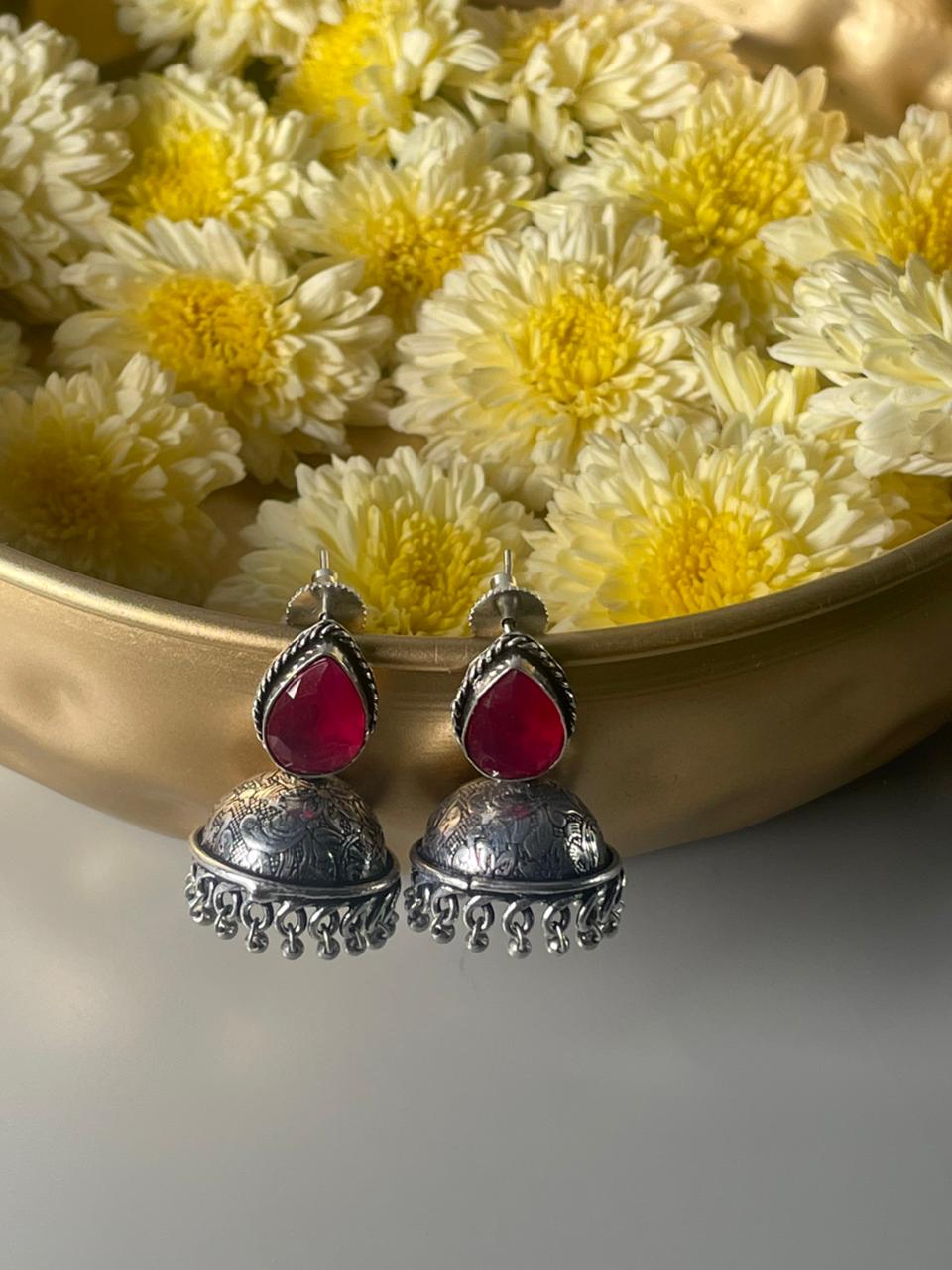 Silver-Plated Stone-Studded & Beaded Jhumkas Red