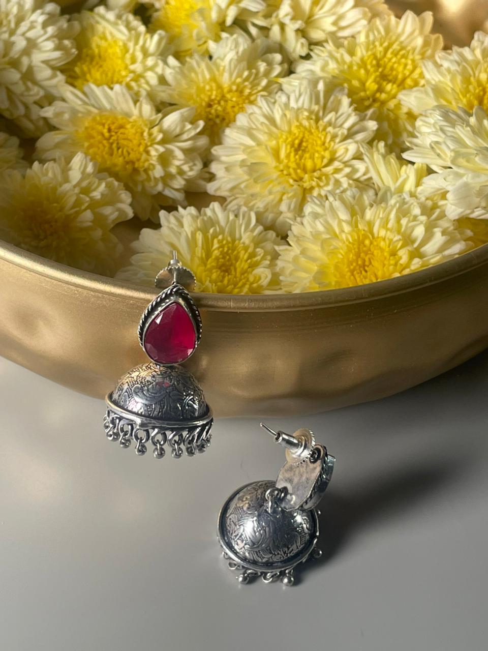 Silver-Plated Stone-Studded & Beaded Jhumkas Red