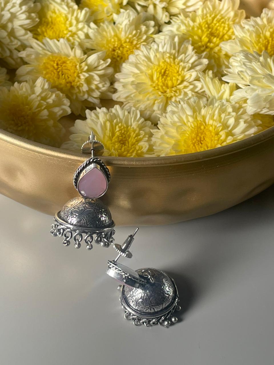 Silver-Plated Stone-Studded & Beaded Jhumkas Pink