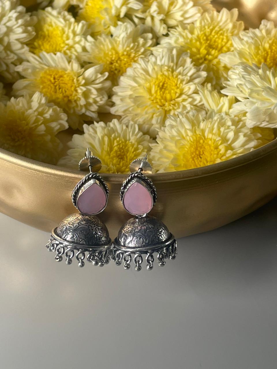 Silver-Plated Stone-Studded & Beaded Jhumkas Pink