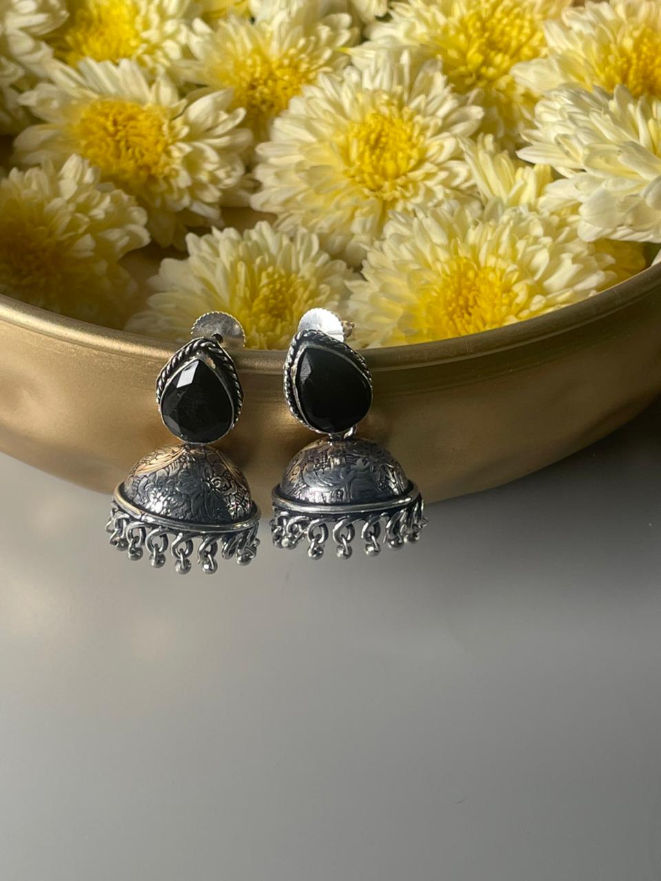 Silver-Plated Stone-Studded & Beaded Jhumkas Black