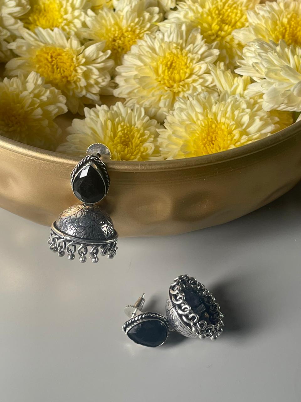 Silver-Plated Stone-Studded & Beaded Jhumkas Black