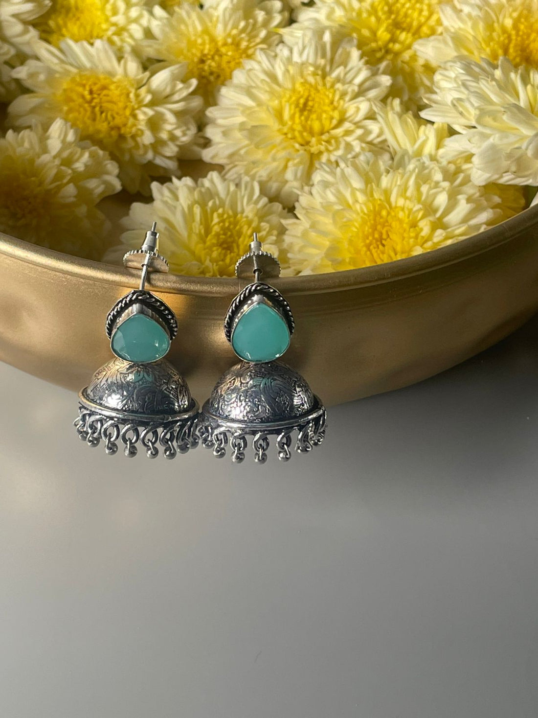 Silver-Plated Stone-Studded & Beaded Jhumkas Lemon