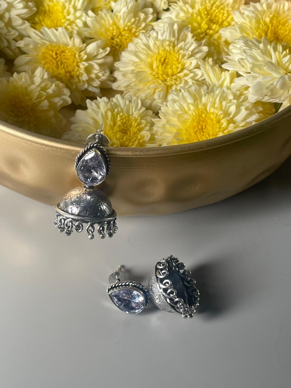 Silver-Plated Stone-Studded & Beaded Jhumkas White