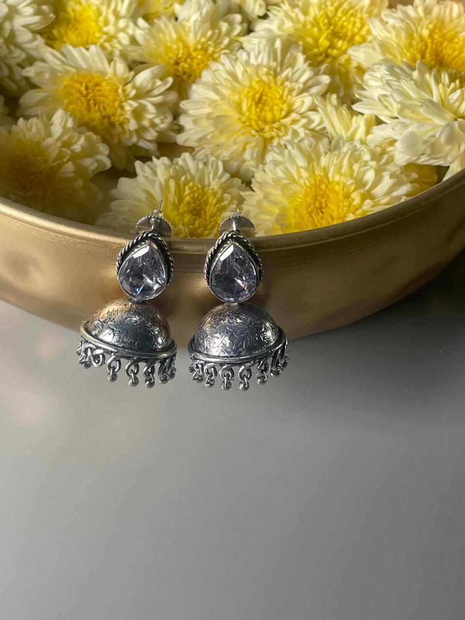 Silver-Plated Stone-Studded & Beaded Jhumkas White