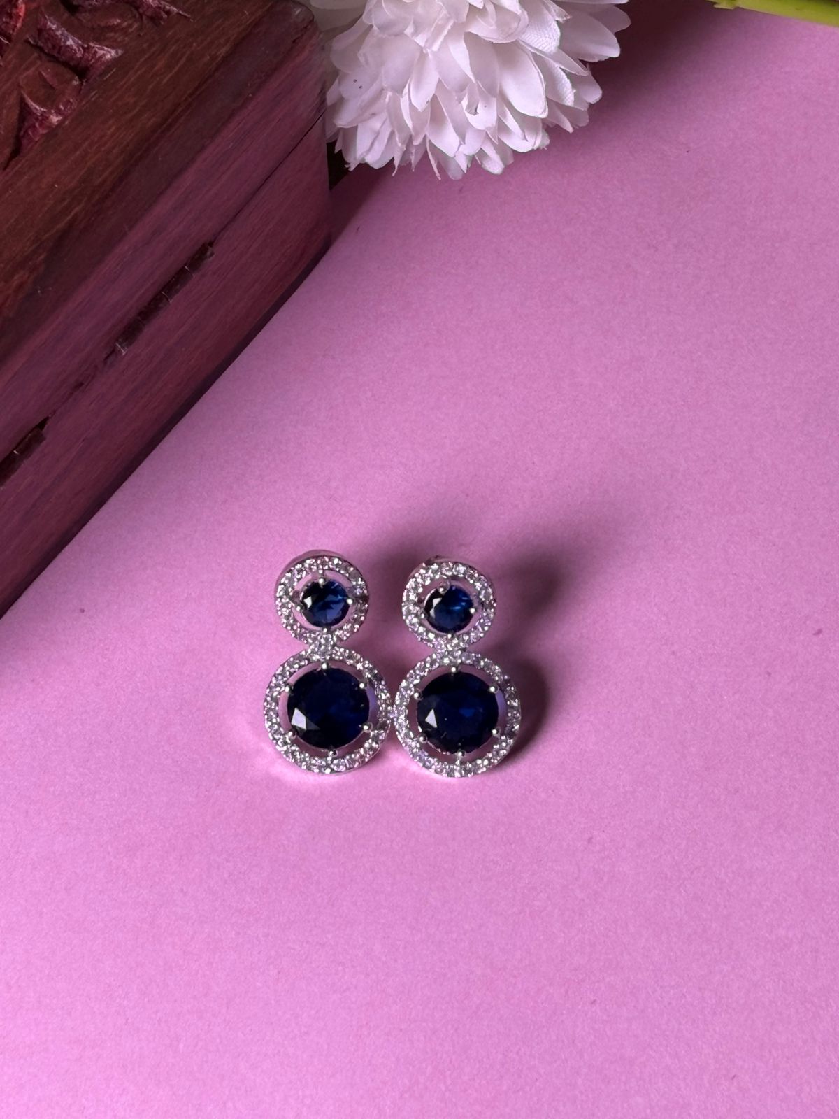 Rhodium-Plated Square Stud Earrings with Blue CZ