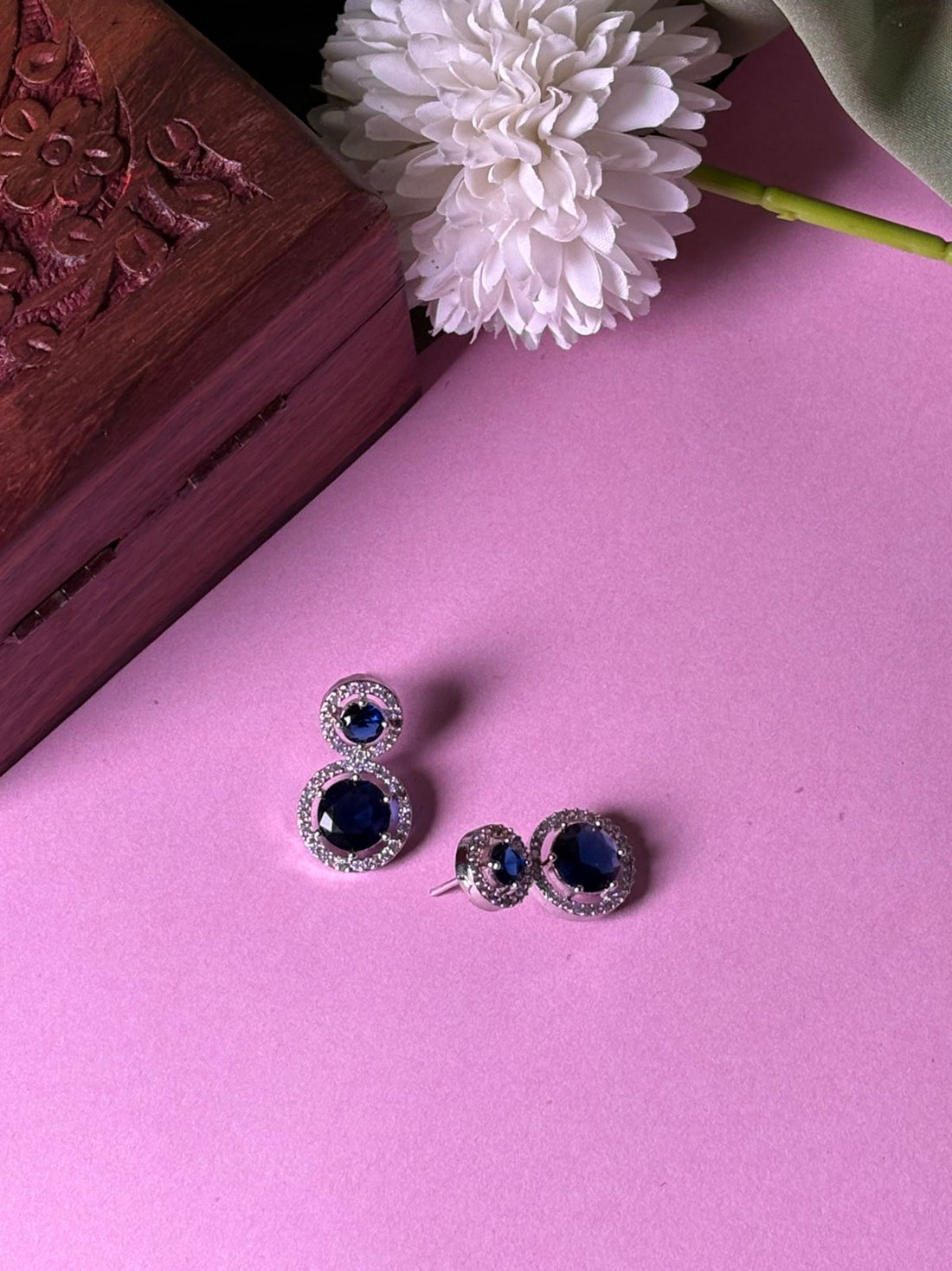 Rhodium-Plated Square Stud Earrings with Blue CZ