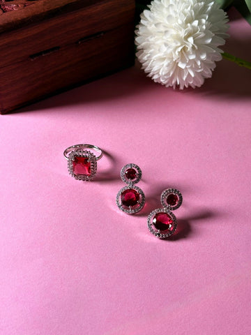 Set of Two Red Rhodium-Plated Square Stud Earrings with Matching CZ Ring