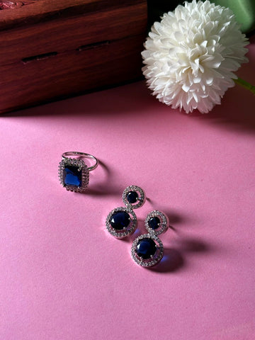 Set of Two Blue Rhodium-Plated Square Stud Earrings and Matching CZ Ring