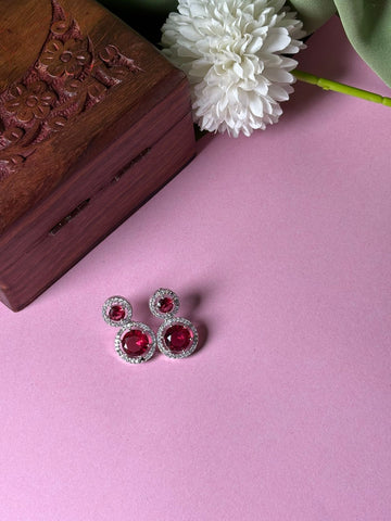 Rhodium Plated with CZ Square Stud Earrings- Red