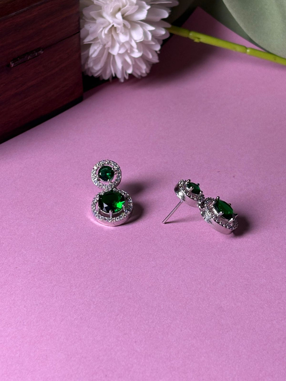 Green CZ Square Stud Earrings with Rhodium Plating