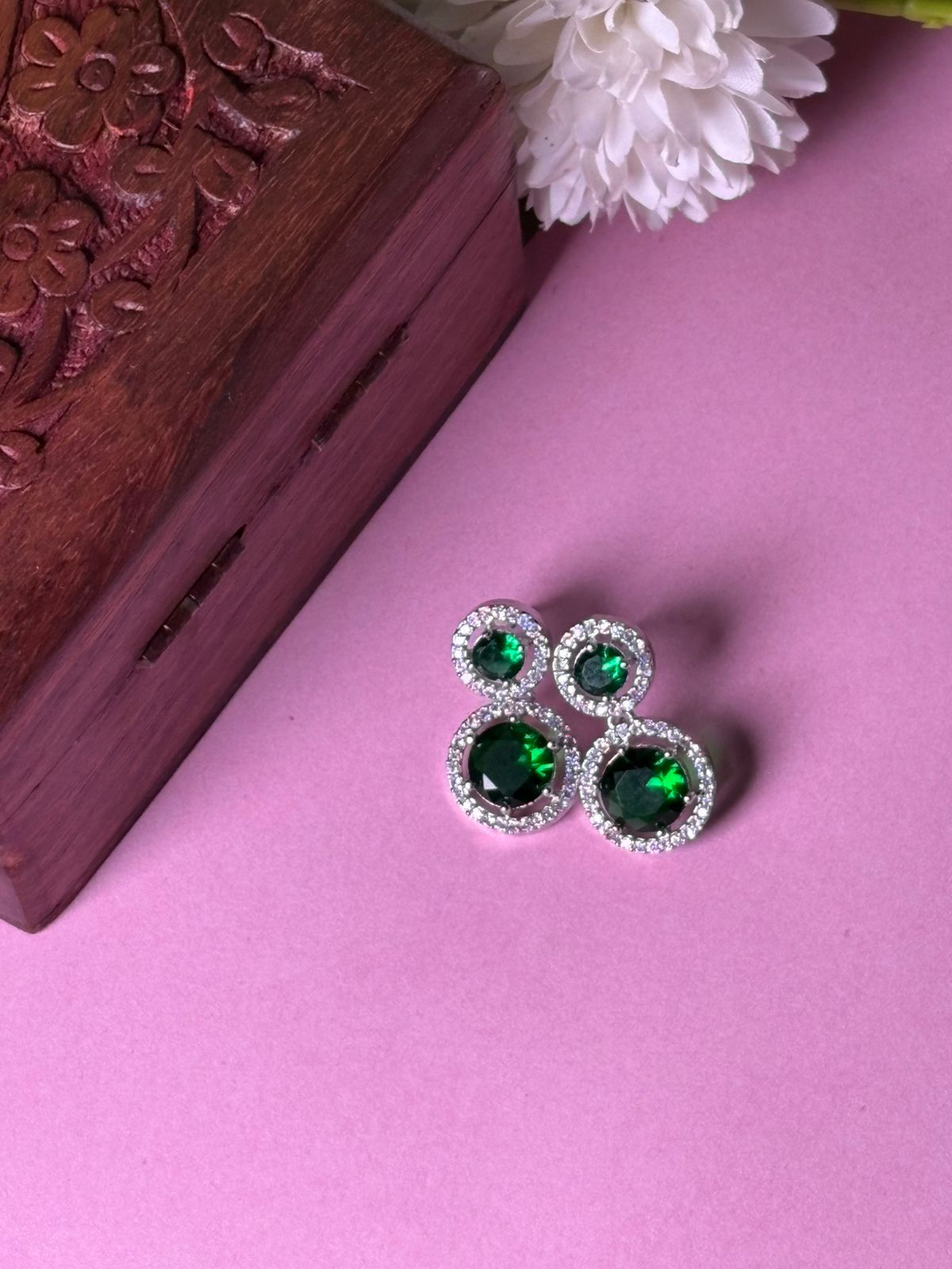 Green CZ Square Stud Earrings with Rhodium Plating