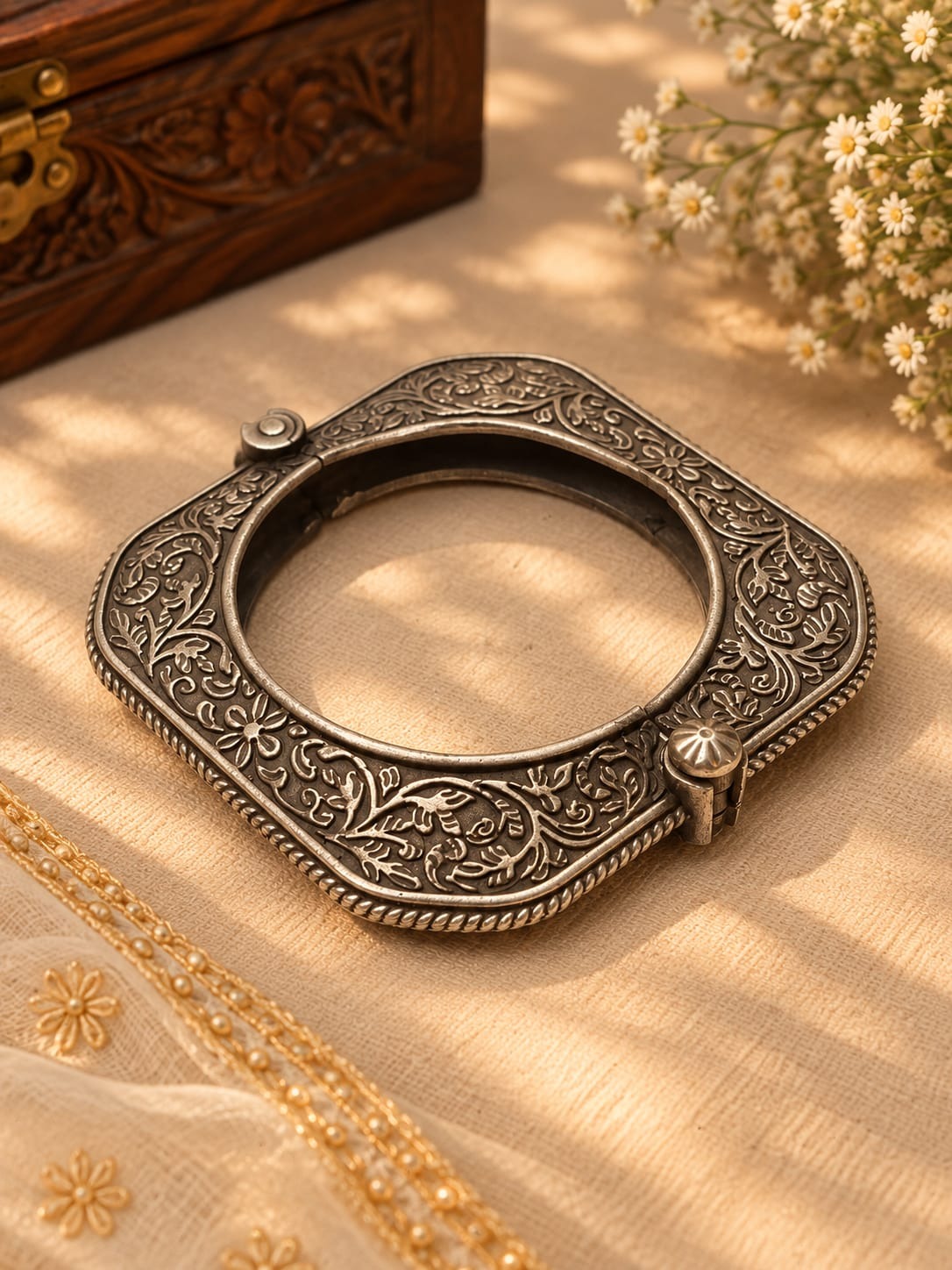 Antique Silver Floral Statement Bangle