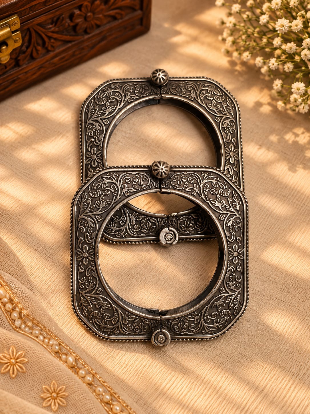 Antique Silver Floral Statement Bangles