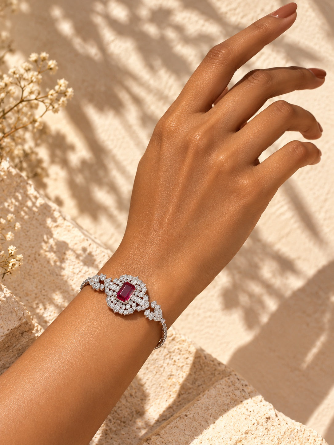 AD Stone dual colour stone silver plated bracelet worn on hand