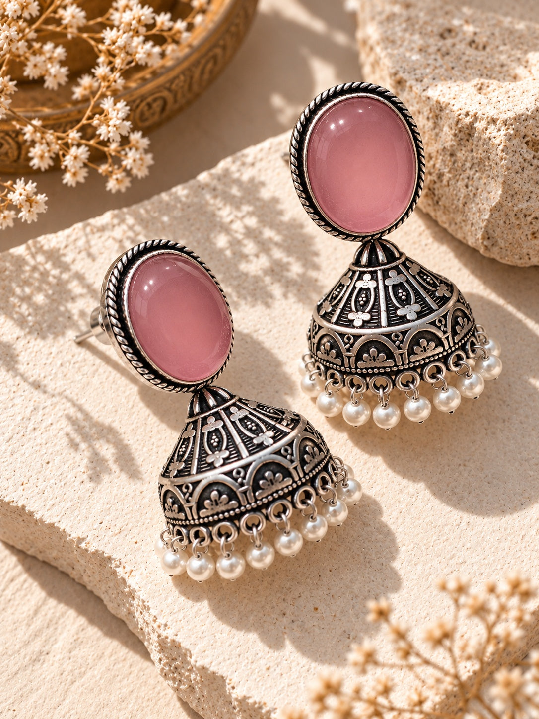 Monalisa Stone silver replica jhumka earrings - close-up flat shot