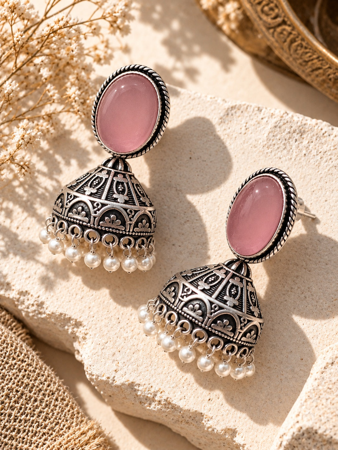 Monalisa Stone silver replica jhumka earrings - angled flat shot