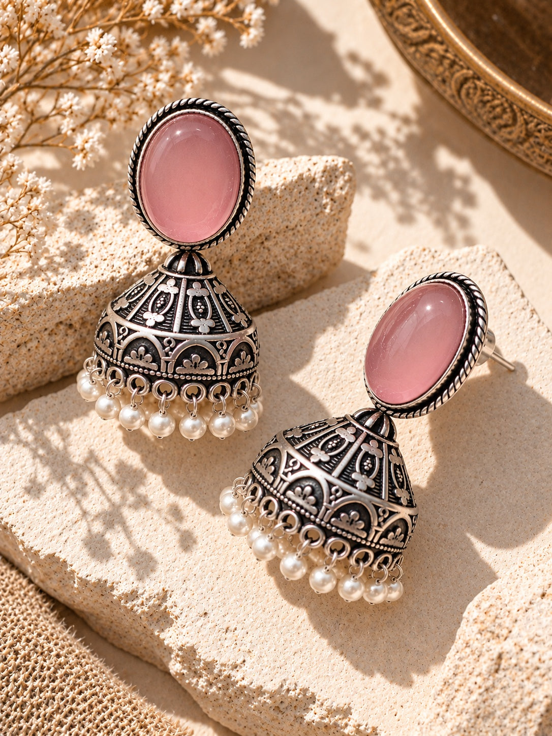 Monalisa Stone silver replica jhumka earrings worn by model - close-up