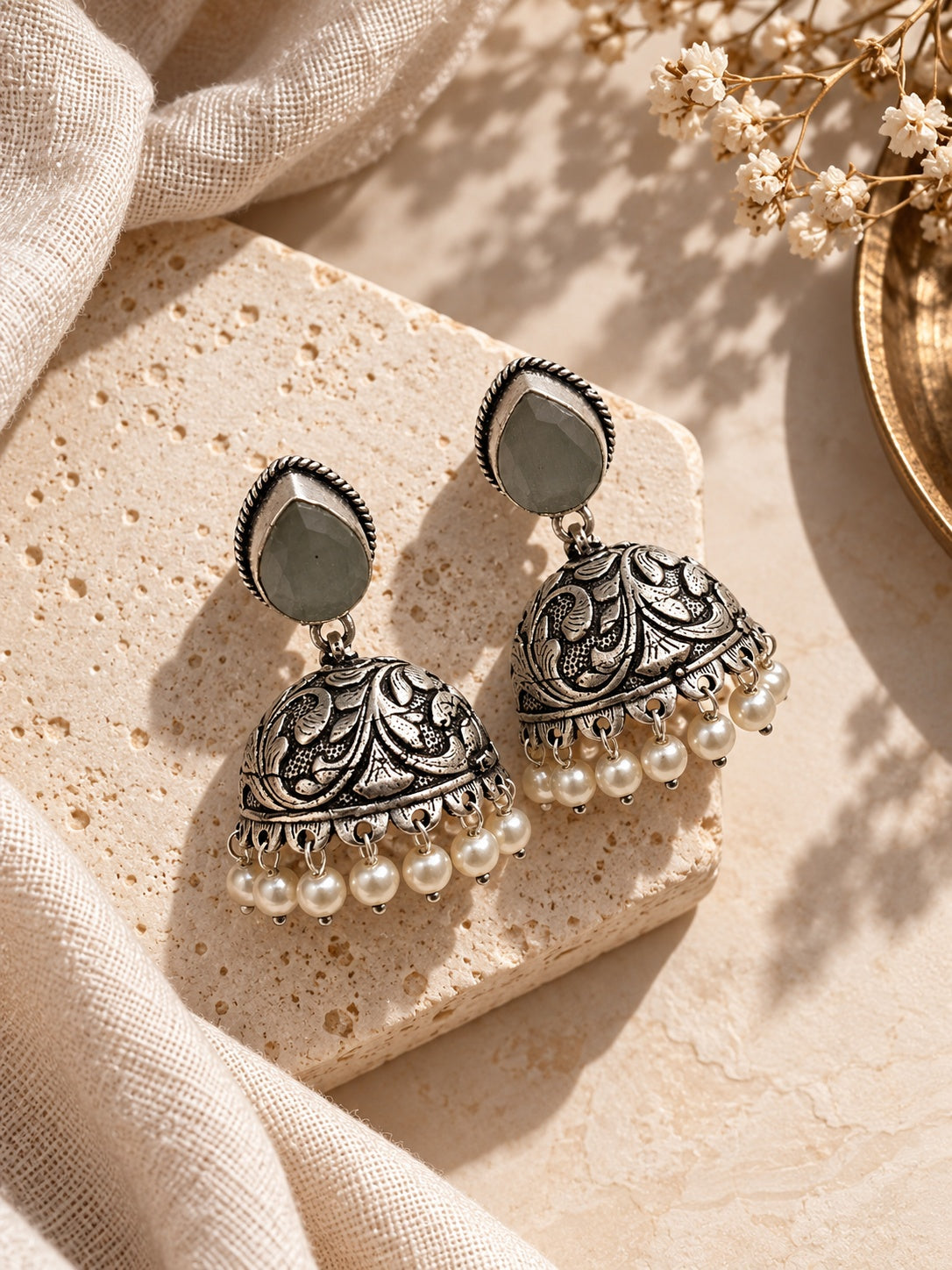 Monalisa Stone Oxidized Jhumka Earrings on model