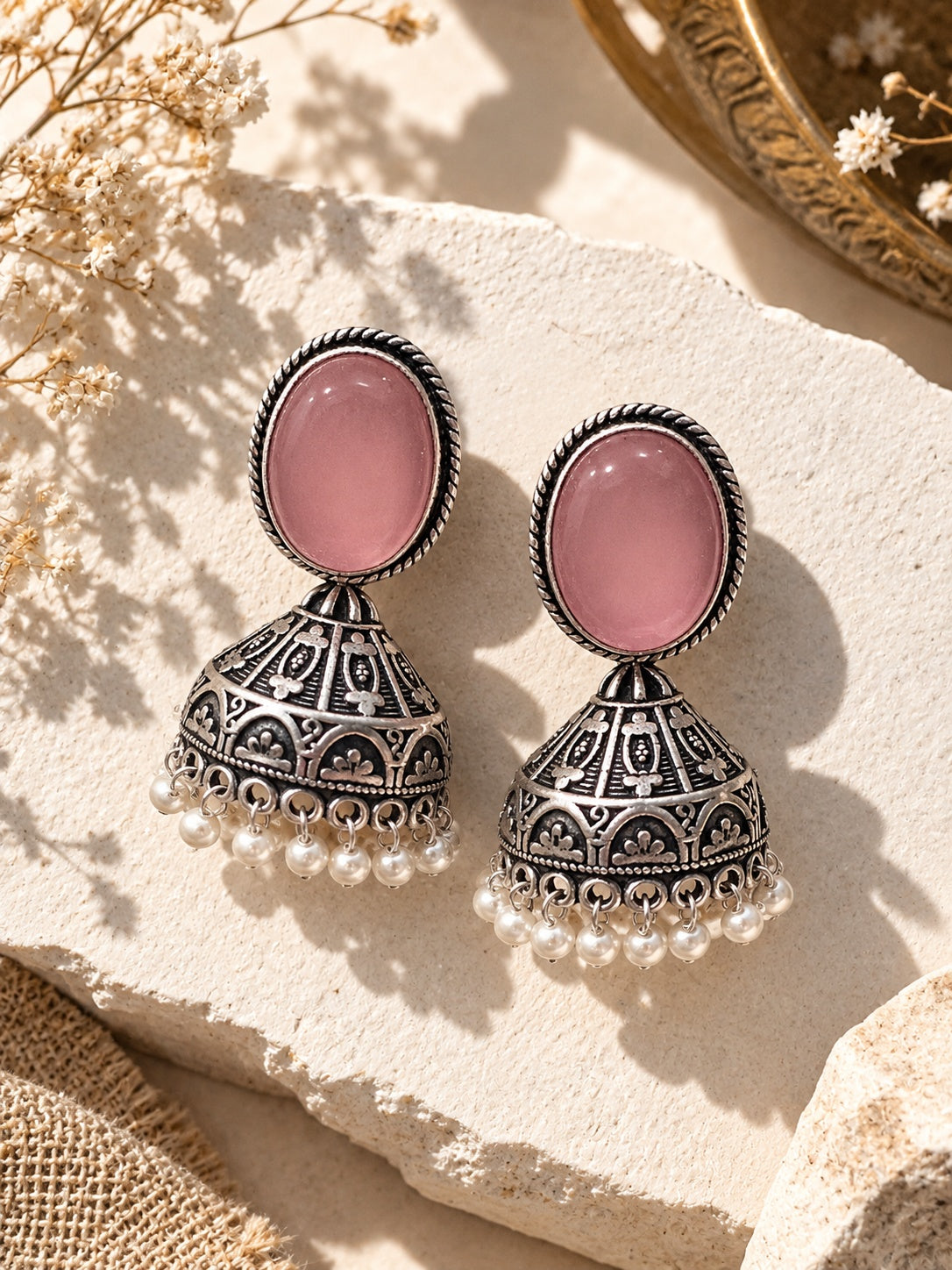 Monalisa Stone silver replica jhumka earrings - top angled flat shot