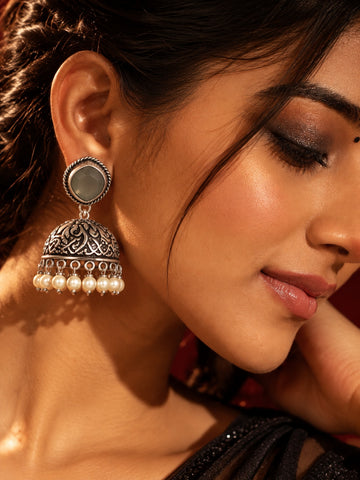 Monalisa Stone Oxidized Jhumka Earrings on model