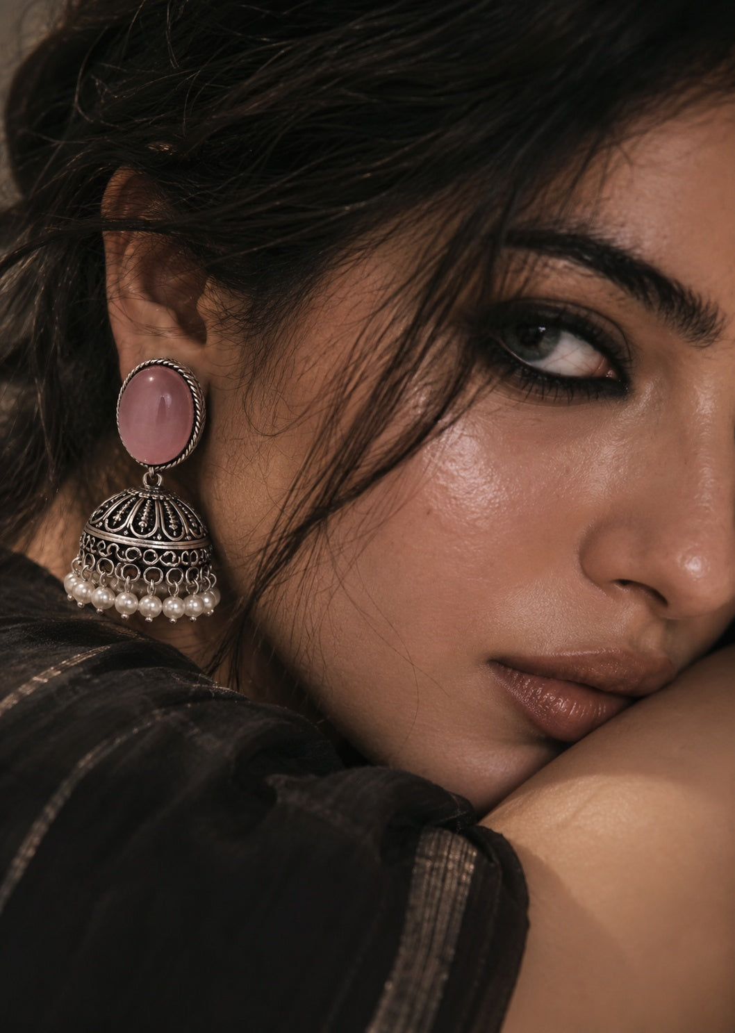 Monalisa Stone silver replica jhumka earrings on model - editorial close-up