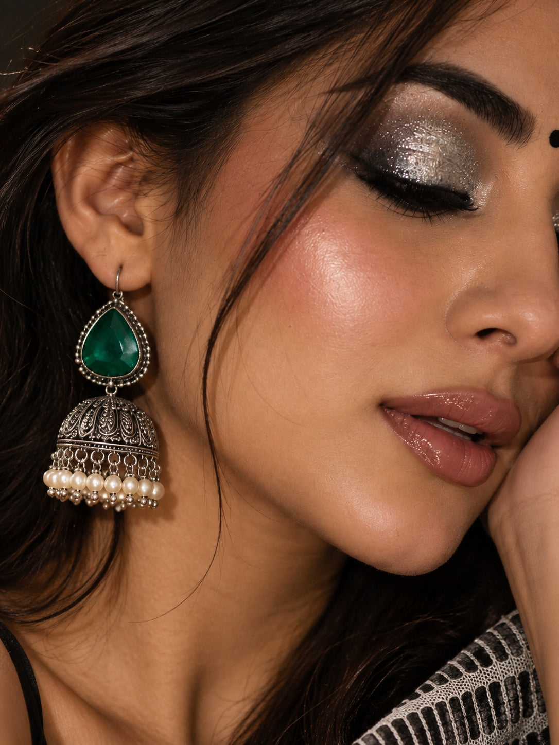 Model wearing Monalisa Stone Silver Replica green jhumka earrings