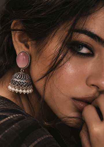 Monalisa Stone silver replica jhumka earrings worn by model - close-up