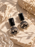 Niska black Monalisa Stone Silver Replica Jhumka Earrings with pearl-style bead fringe