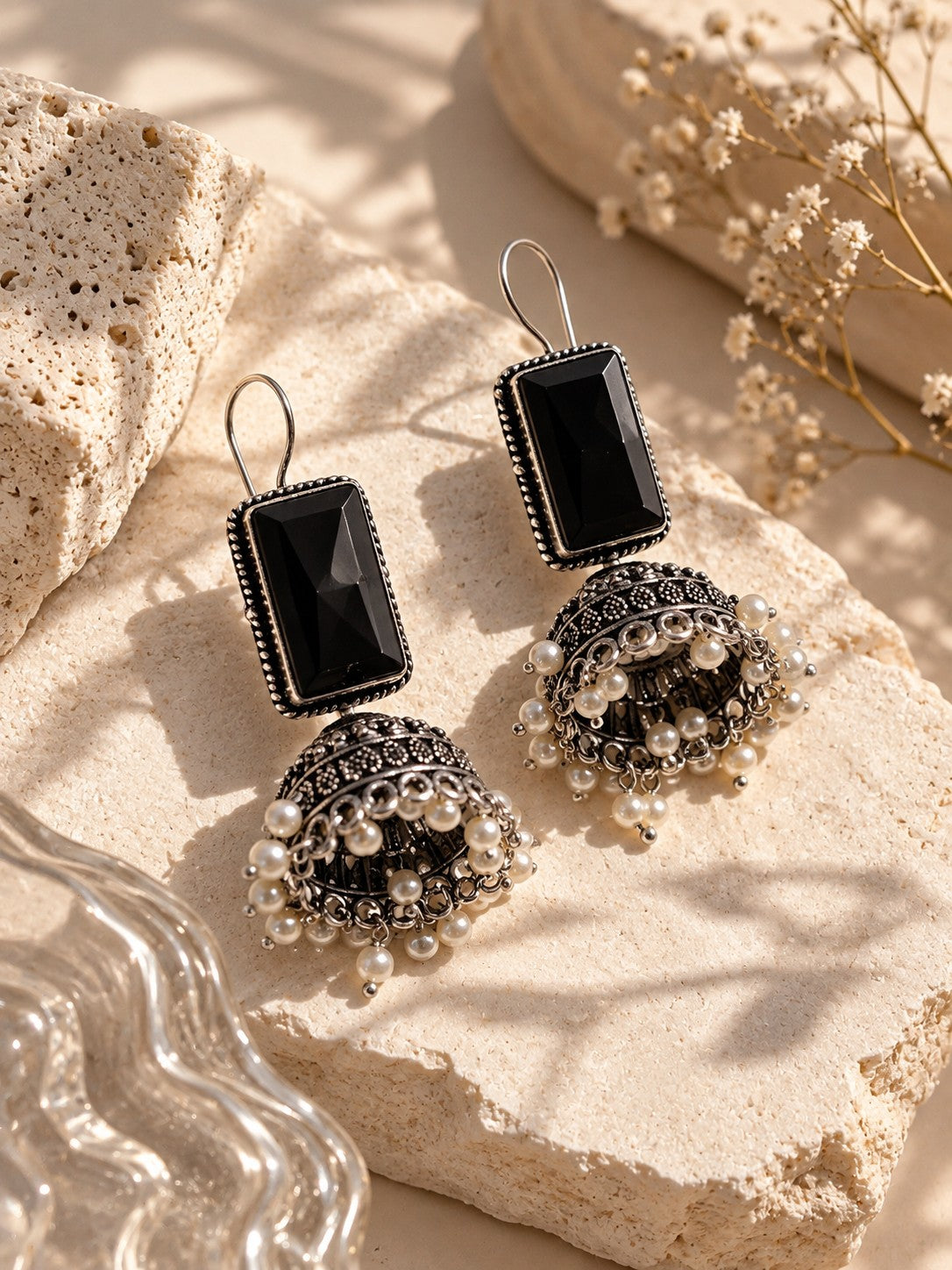 Niska black Monalisa Stone Silver Replica Jhumka Earrings with pearl-style bead fringe