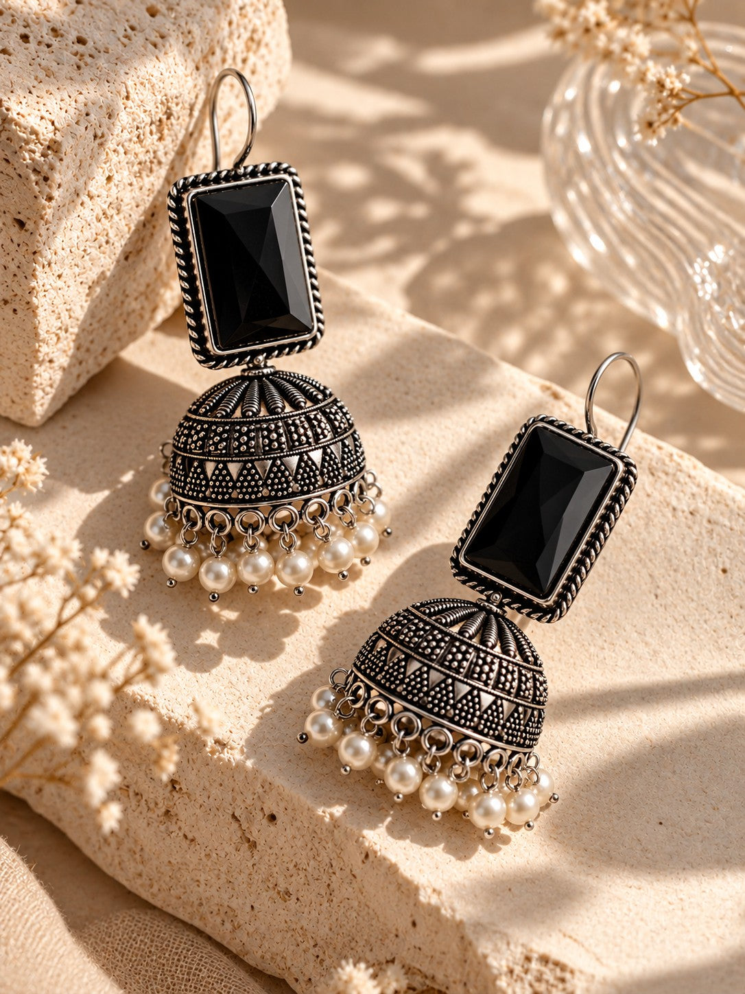 Niska black Monalisa Stone Silver Replica Jhumka Earrings with pearl-style bead fringe
