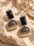 Niska black Monalisa Stone Silver Replica Jhumka Earrings with pearl-style bead fringe