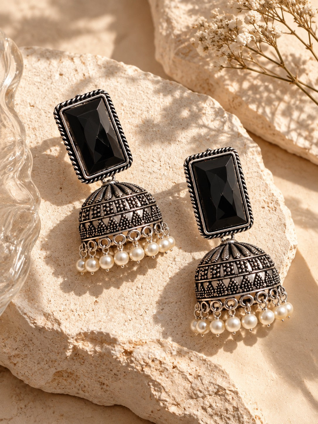 Niska black Monalisa Stone Silver Replica Jhumka Earrings with pearl-style bead fringe