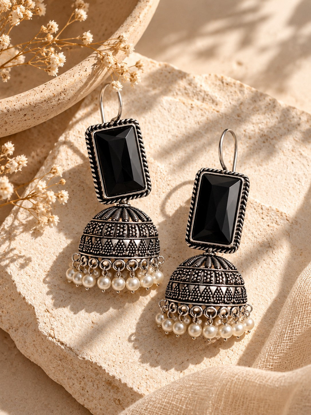 Niska black Monalisa Stone Silver Replica Jhumka Earrings with pearl-style bead fringe