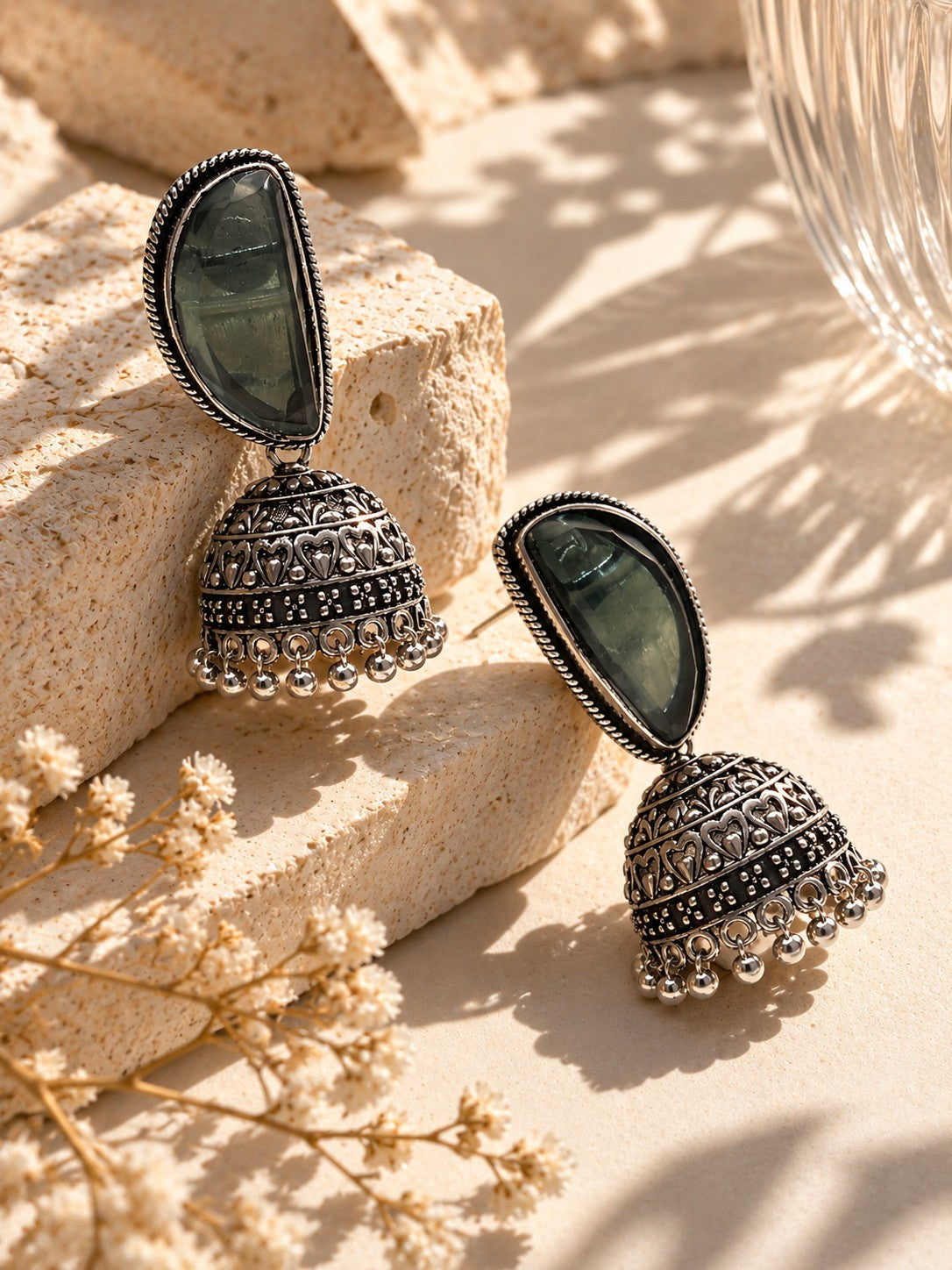Green Monalisa Stone Silver Replica Jhumka earrings by Niska worn by a model