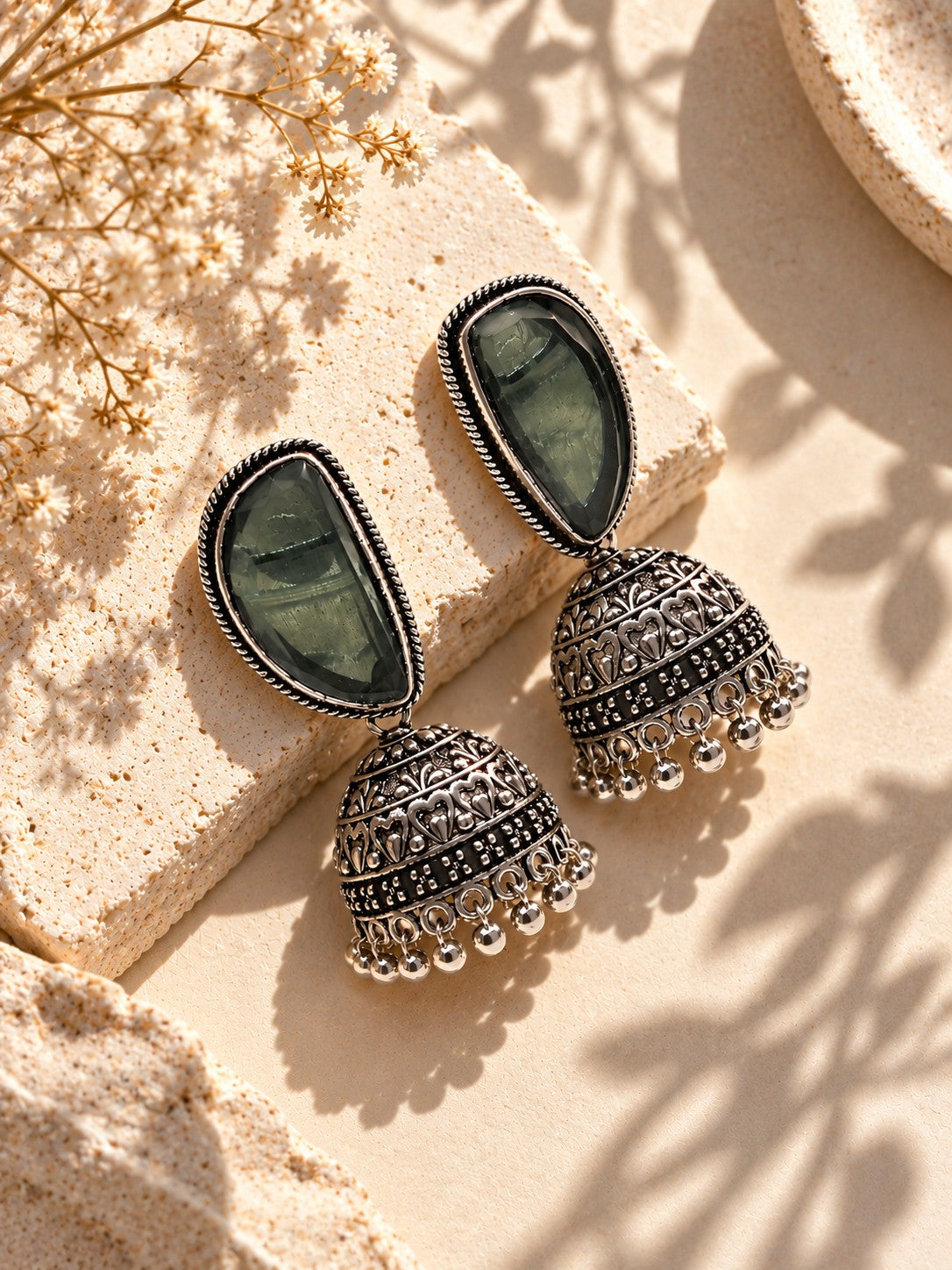 Green Monalisa Stone Silver Replica Jhumka earrings by Niska, product view 3