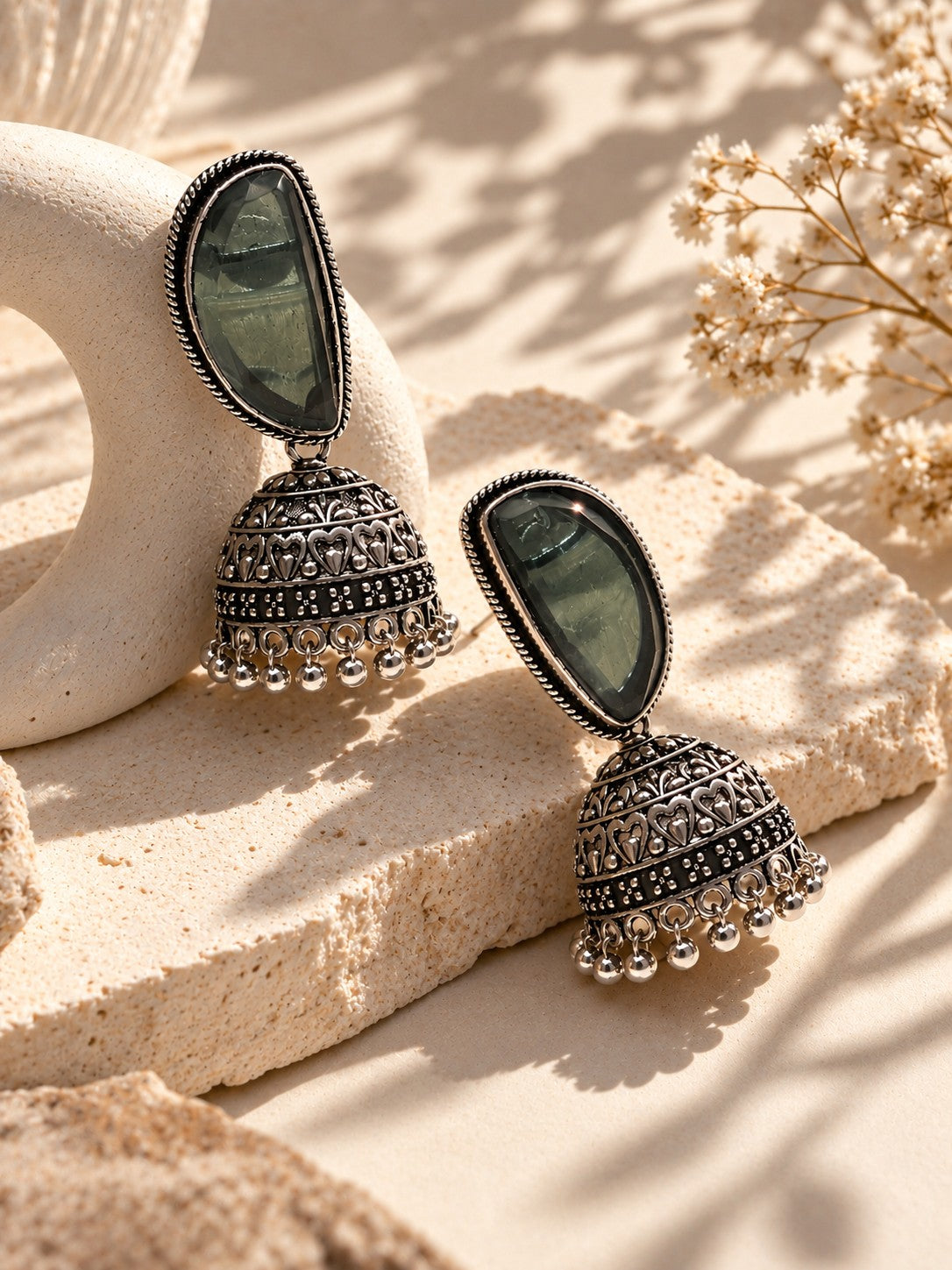 Green Monalisa Stone Silver Replica Jhumka earrings by Niska, product view 4