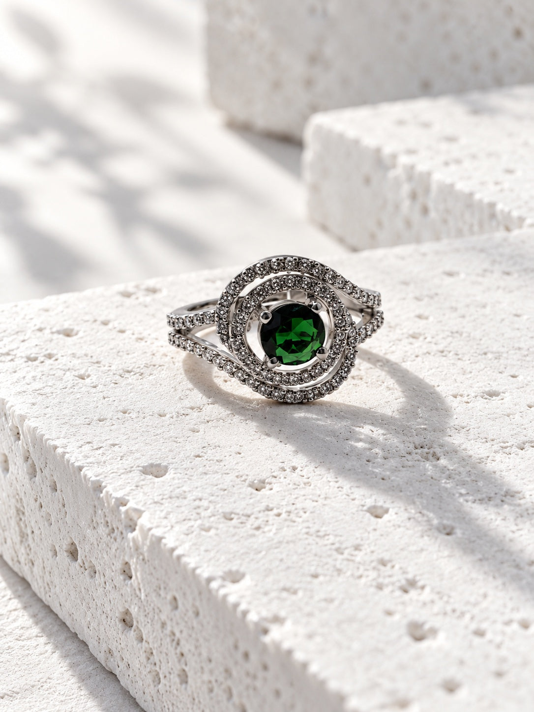 Niska green oval AD stone swirl ring in silver tone